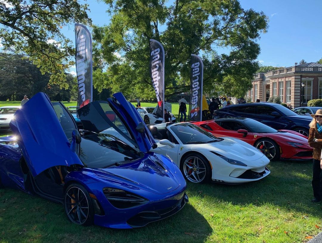 An assortment of cars customized by 212 Motoring in a park