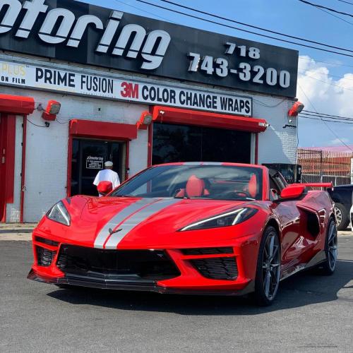 Red Corvette with two silver stripes